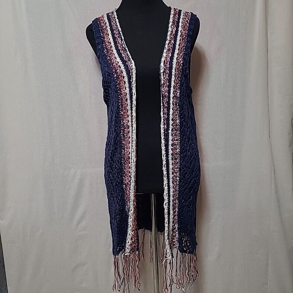 Womens Knit Sleeveless Cardigan Size Small Red White Blue Fringe Western